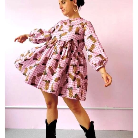 NWOT Megan Crosby Lila Cowboy Dress Pink Gingham Mini Puff-Sleeve Boot-Print - Picture 1 of 9